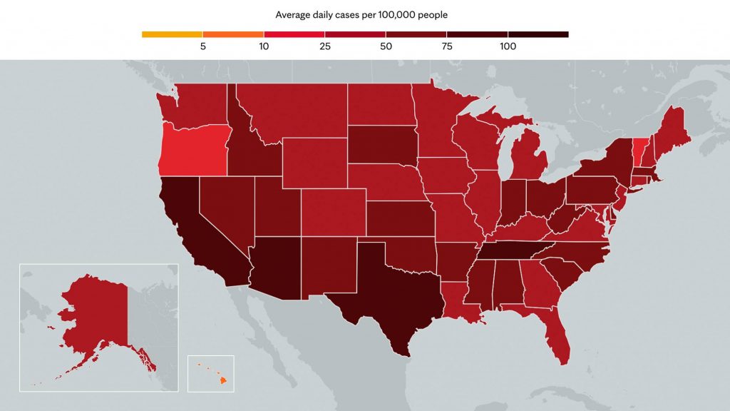 Jan. 4, 2021- Mayo Clinic COVID-19 trending map using red color tones for hot spots