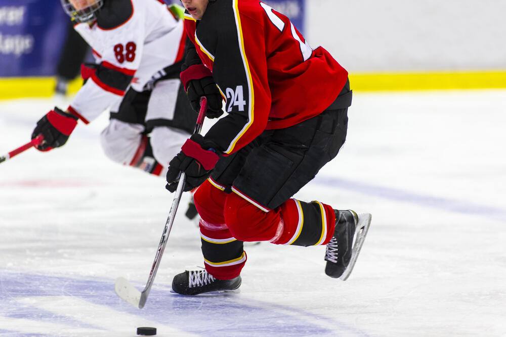 two ice hockey players playing hockey